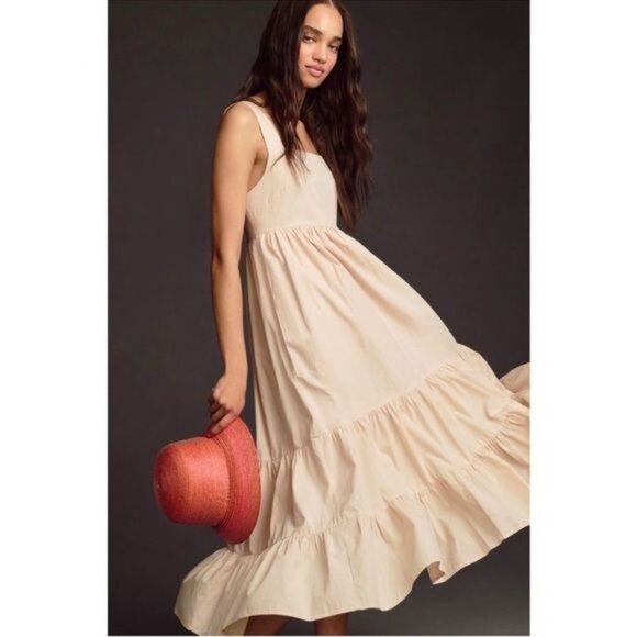 By Anthropologie Square-Neck Tiered Cotton Lined Midi Dress small - Picture 5 of 11